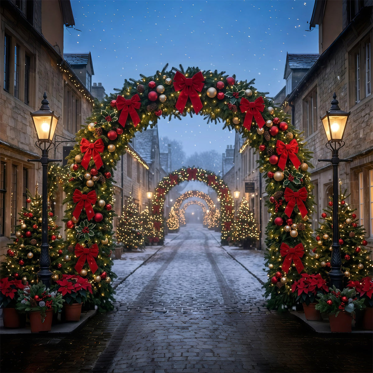 Christmas Lights Photo Backdrop Cobblestone Red Bow Archway Christmas Photo Wall Backdrop UK GQ610-115