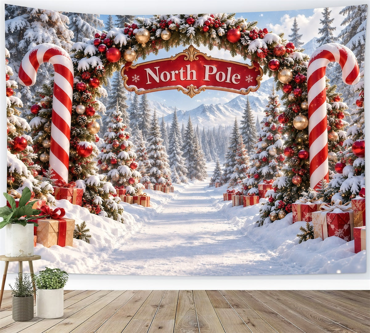 North Pole Photo Backdrop Candy Cane Ornament Archway Christmas Winter Backdrop UK GQ610-122