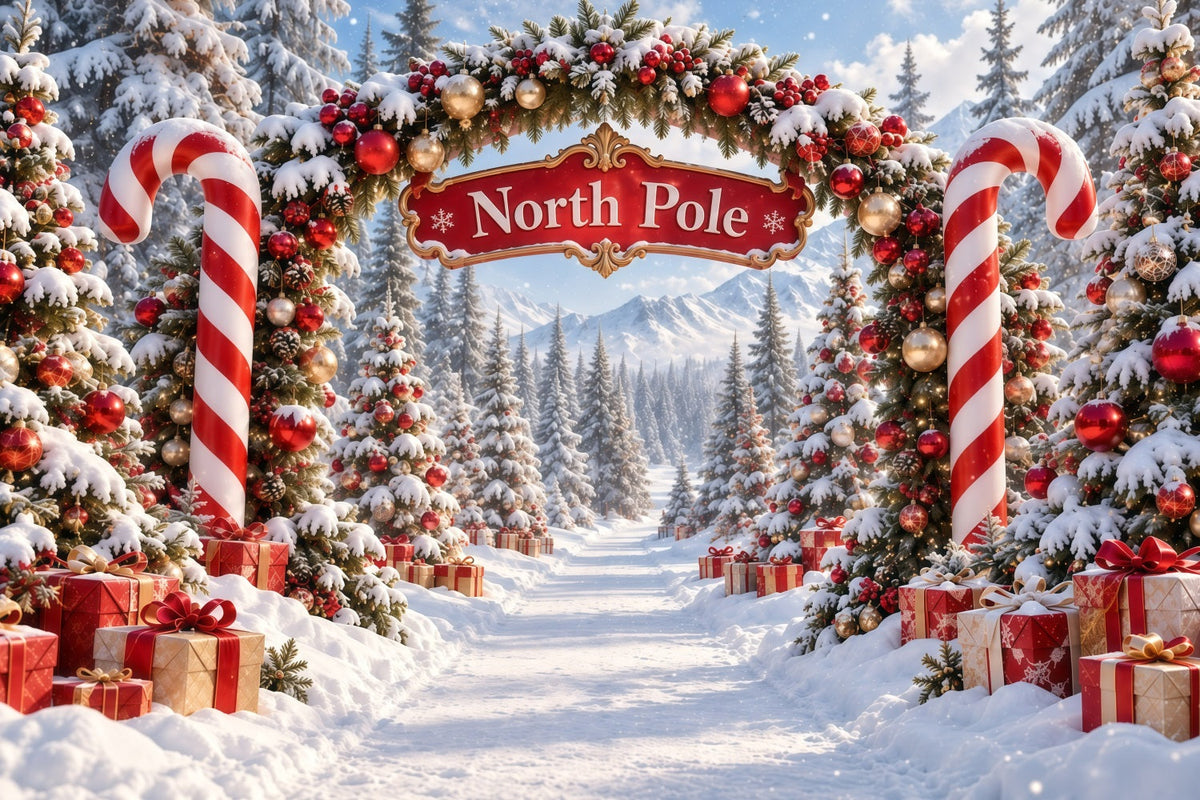 North Pole Photo Backdrop Candy Cane Ornament Archway Christmas Winter Backdrop UK GQ610-122