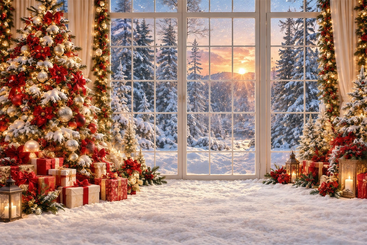 Christmas Forest Backdrop Golden Sunset Snowy Window Christmas Backdrop for Photo UK GQ610-123