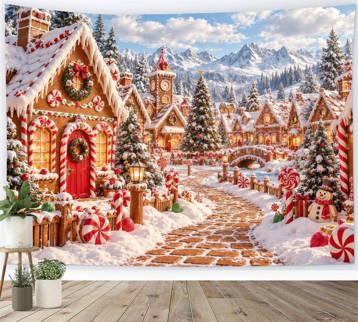 Christmas Gingerbread Backdrop Snowy Candy Village Christmas Backdrop Picture UK GQ610-125