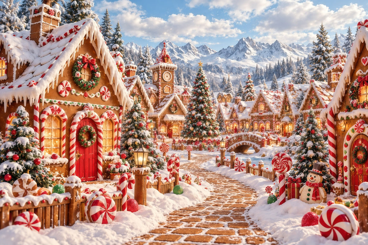 Christmas Gingerbread Backdrop Snowy Candy Village Christmas Backdrop Picture UK GQ610-125