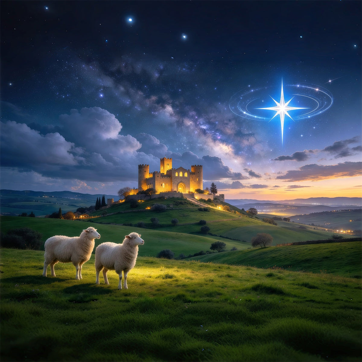 Nativity Scene Backdrop Starry Castle Sheep Meadow Christmas Backdrop Photography UK GQ610-15