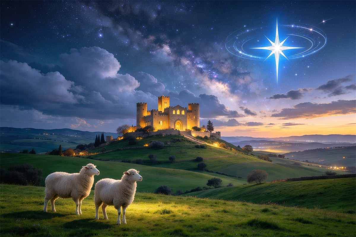 Nativity Scene Backdrop Starry Castle Sheep Meadow Christmas Backdrop Photography UK GQ610-15