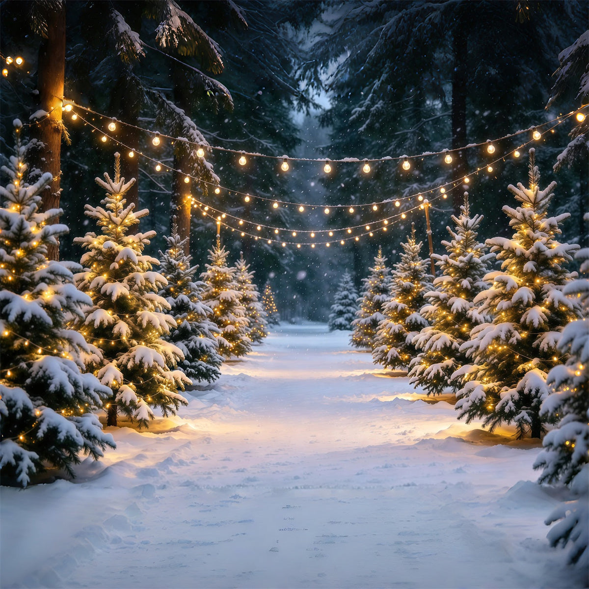 Christmas Tree Farm Backdrop Snowy Pine Stringlight Path Christmas Tree Backdrops UK GQ610-16