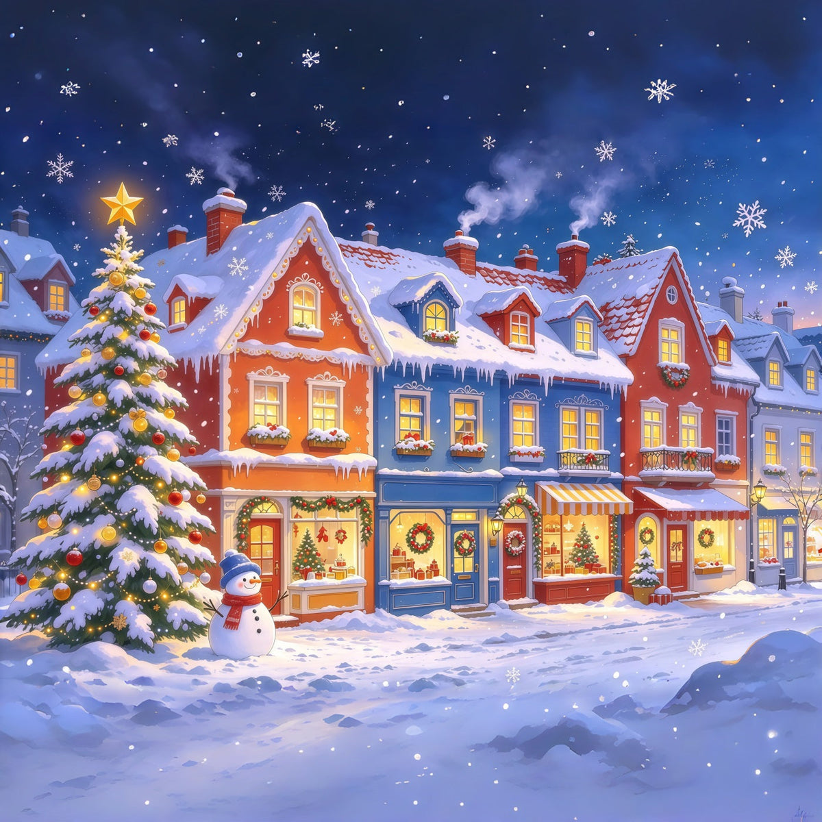 Christmas Town Backdrops Snowy Colorful Village Shopfront Christmas Picture Backdrop UK GQ610-17