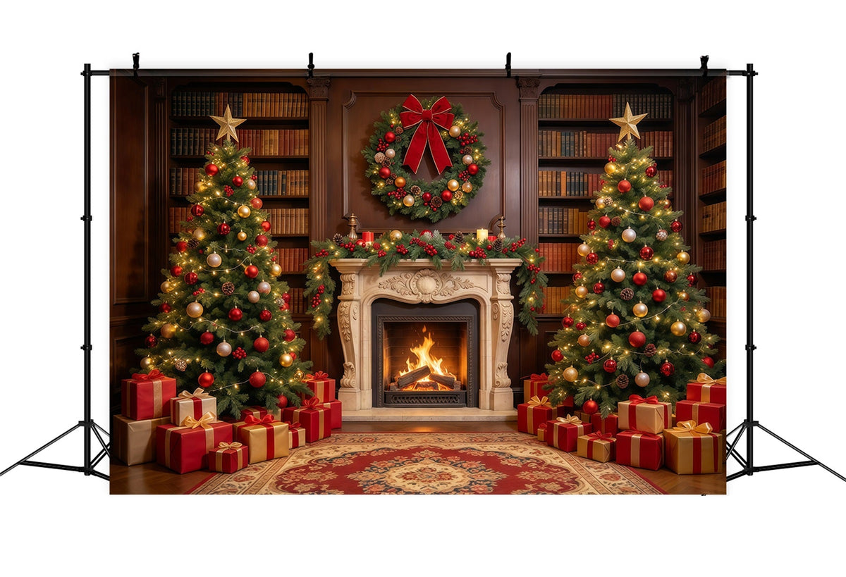 Christmas Backdrops for Photography Ornate Library Display Christmas Fireplace Backdrop UK GQ610-21