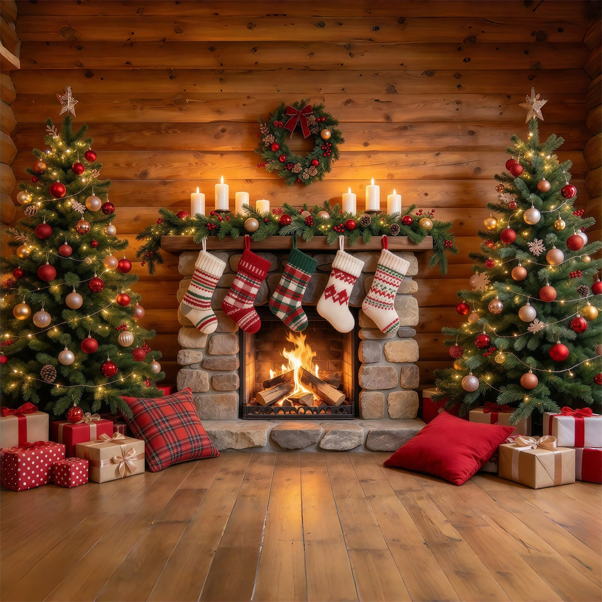 Christmas Fireplace Backdrop Rustic Stone Fireplace Stockings Christmas Backdrop for Photography UK GQ610-24