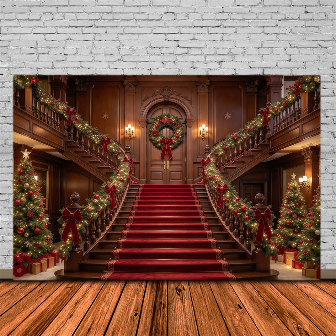 Christmas Scene Backdrop Garlanded Wooden Grand Staircase Christmas Staircase Backdrop UK GQ610-25