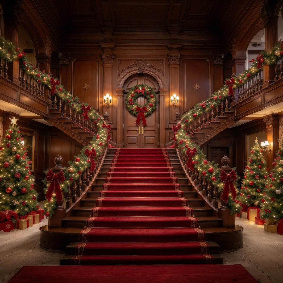 Christmas Scene Backdrop Garlanded Wooden Grand Staircase Christmas Staircase Backdrop UK GQ610-25