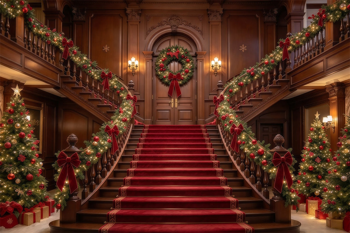 Christmas Scene Backdrop Garlanded Wooden Grand Staircase Christmas Staircase Backdrop UK GQ610-25