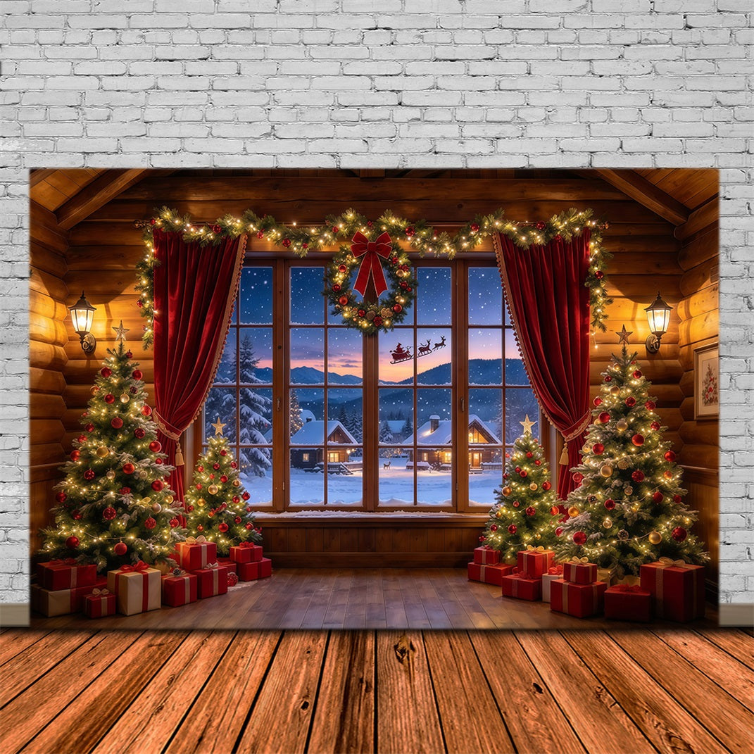 Santa Backdrop Rustic Cabin Sleigh Window Christmas Backdrops UK GQ610-3