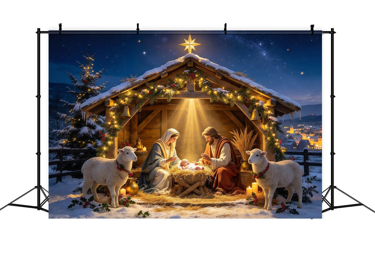 Nativity Scene Backdrop Golden Star Manger Stable Christmas Photo Backdrops UK GQ610-34