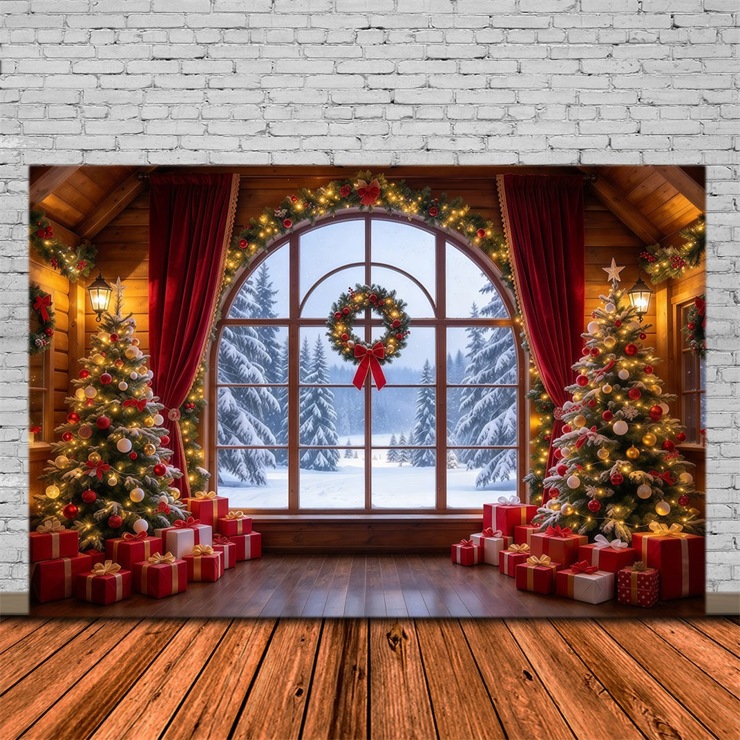 Christmas Backdrops Crimson Curtain Winter Window Christmas Backdrop for Photos UK GQ610-35