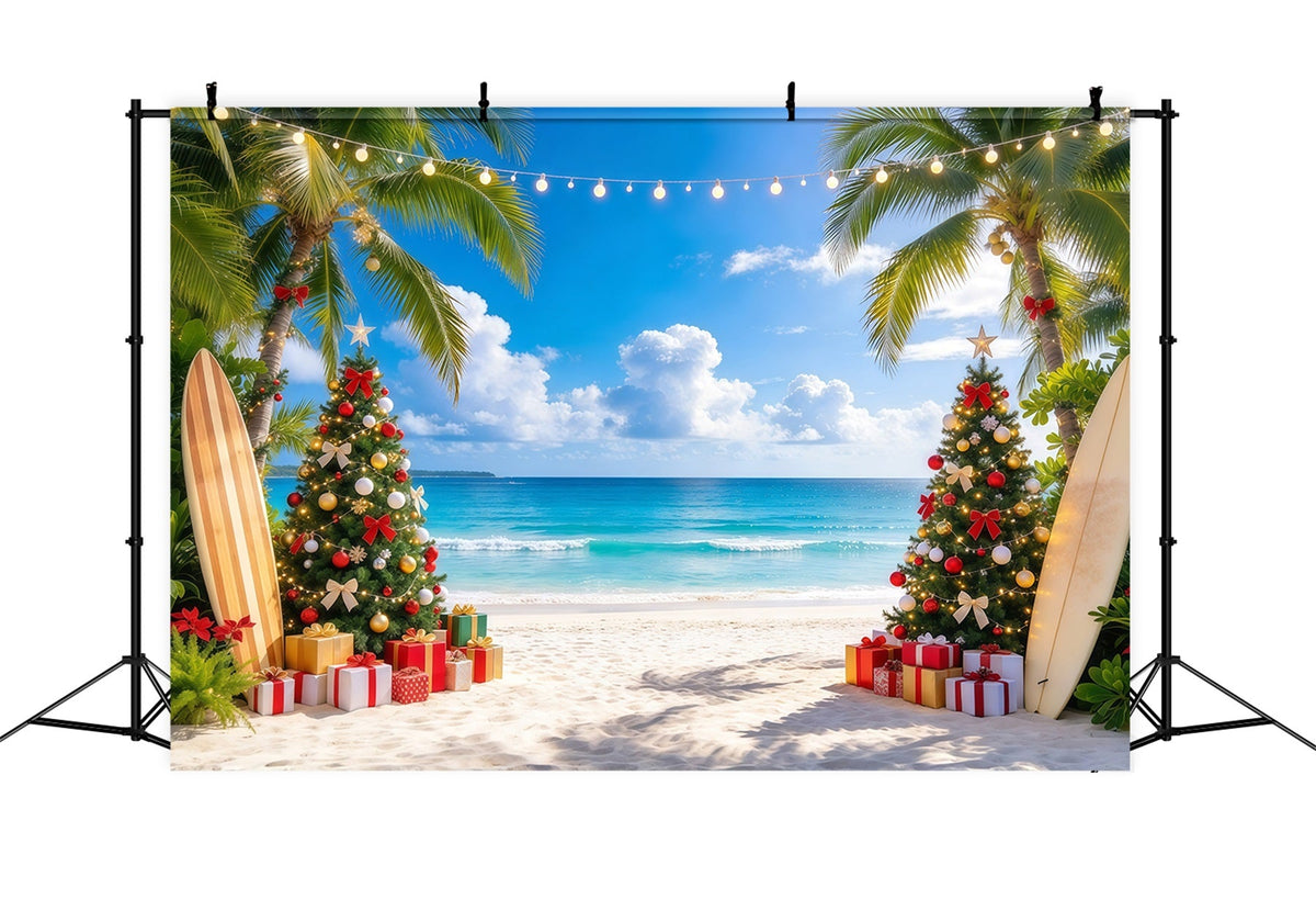 Tropical Christmas Backdrop Palm Tree Surfboard Beach Christmas Backdrops for Photos UK GQ610-37