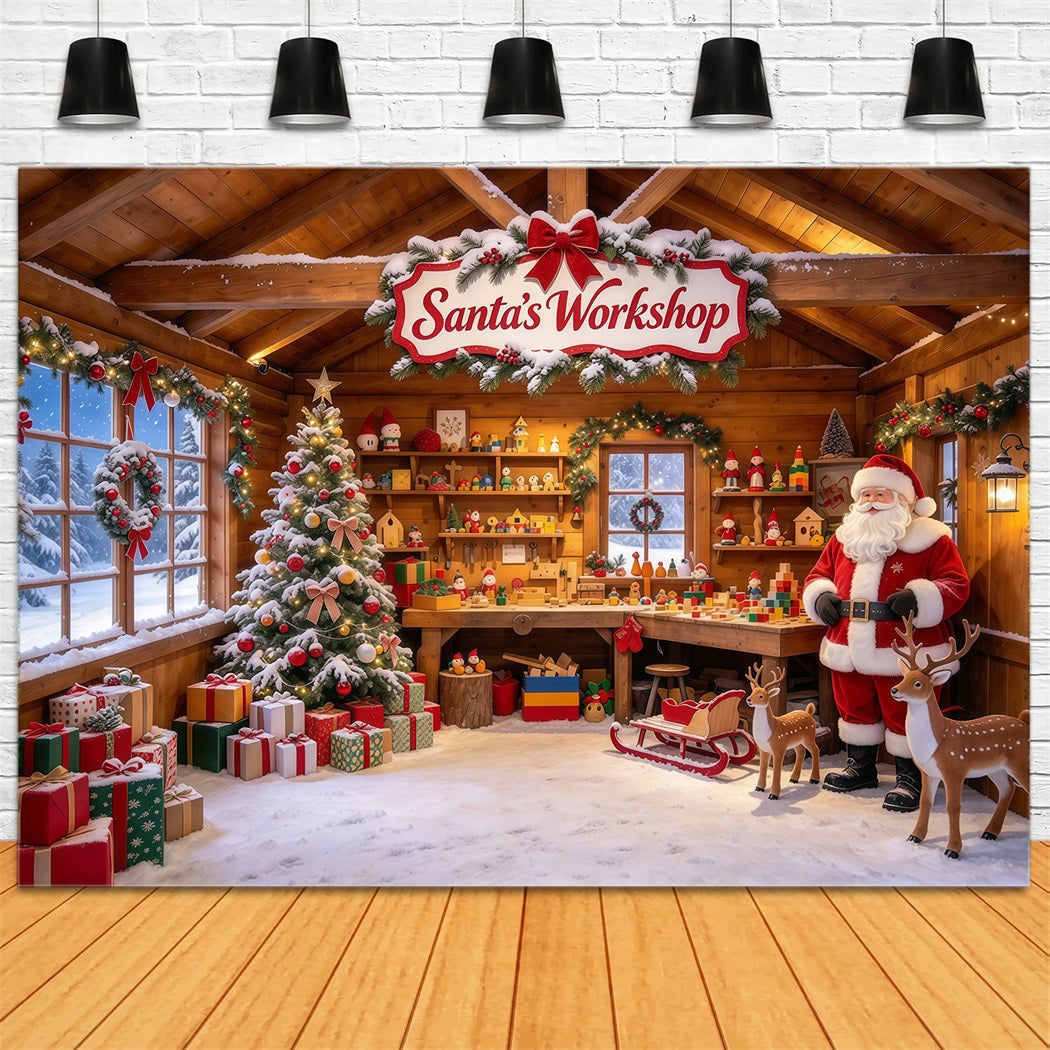 Santa Workshop Backdrop Rustic Toymaking Cabin Interior Christmas Backdrops for Photography UK GQ610-39