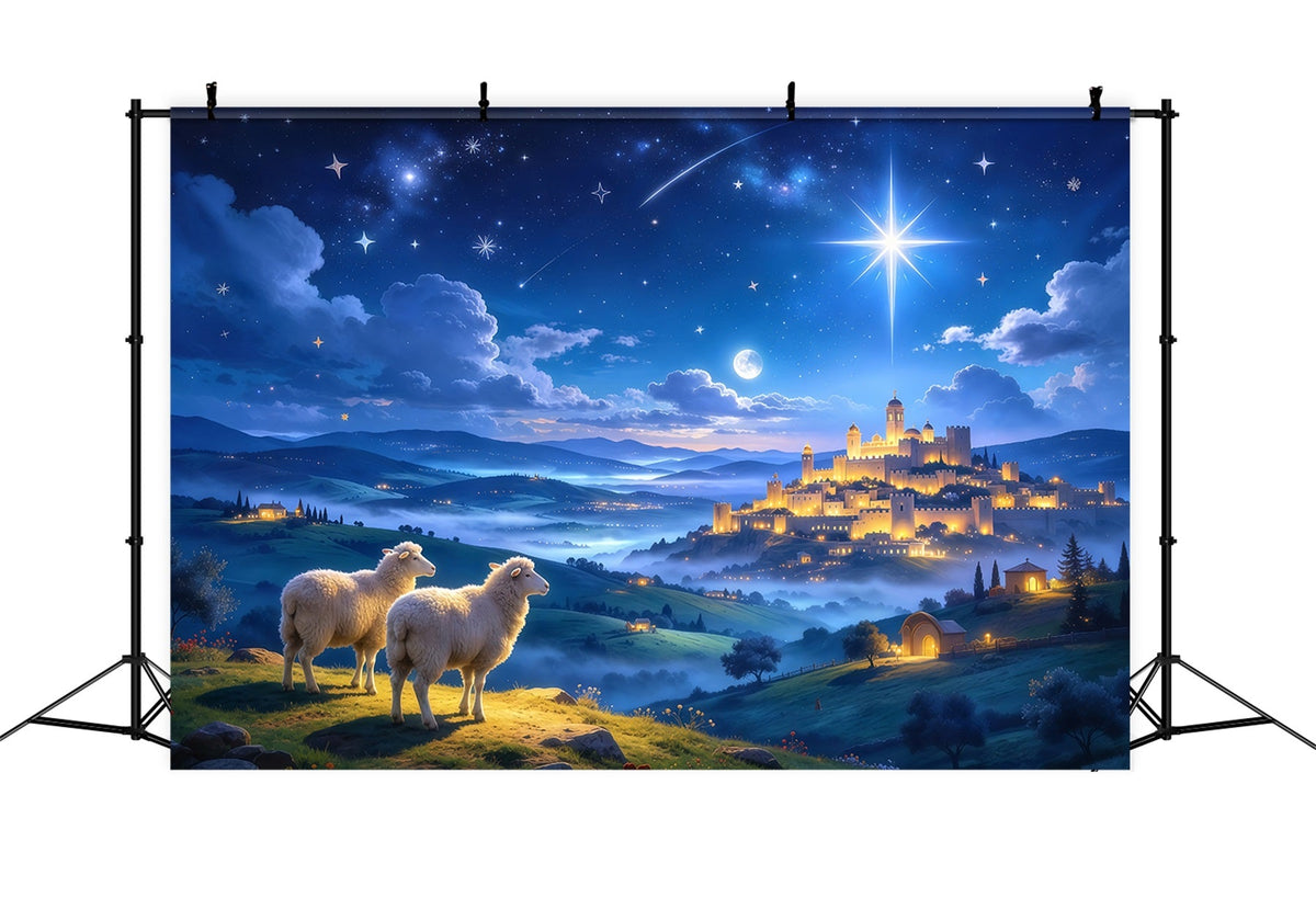 Nativity Scene Backdrop Starlit Castle Shepherd Sheep Christmas Backdrop Photography UK GQ610-45