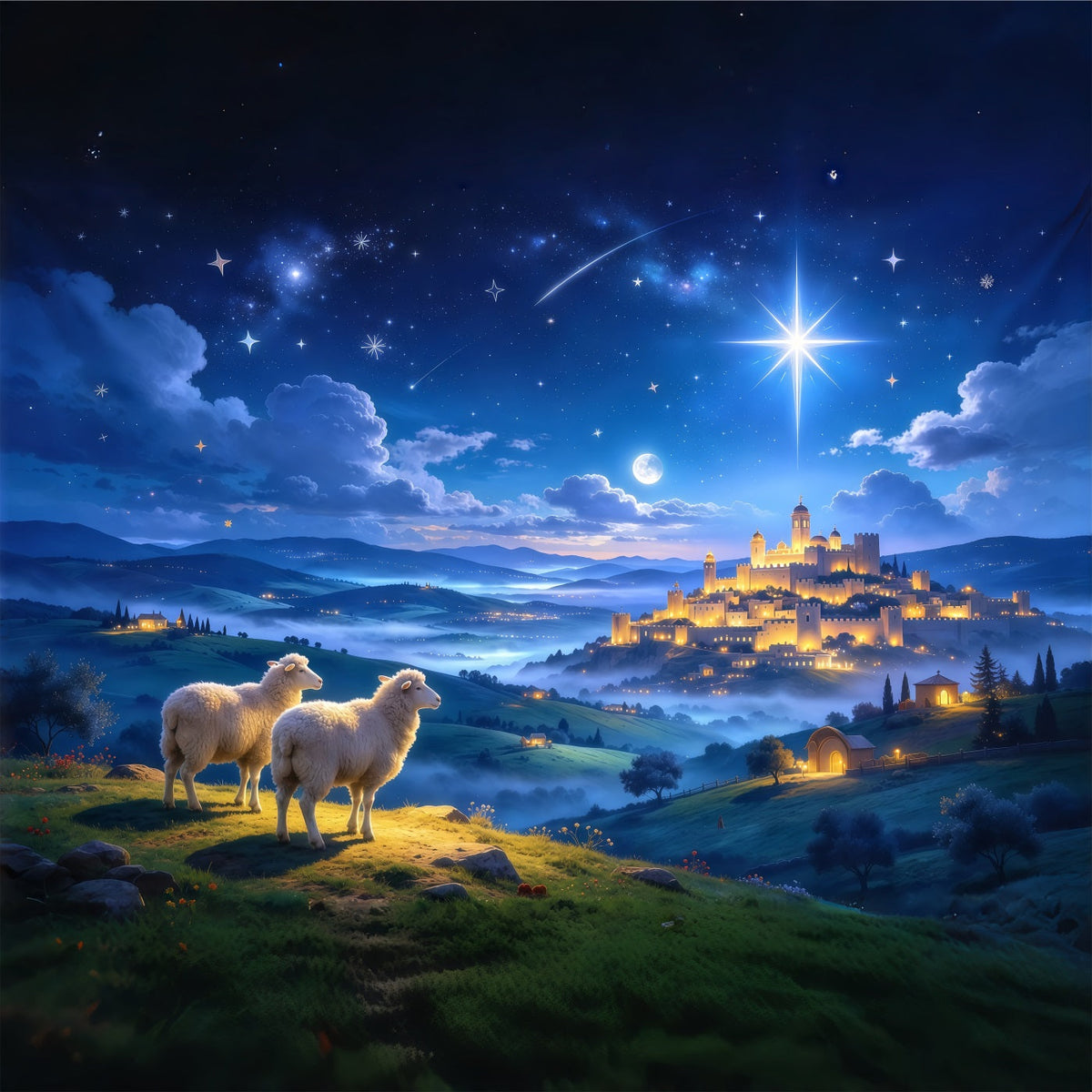 Nativity Scene Backdrop Starlit Castle Shepherd Sheep Christmas Backdrop Photography UK GQ610-45