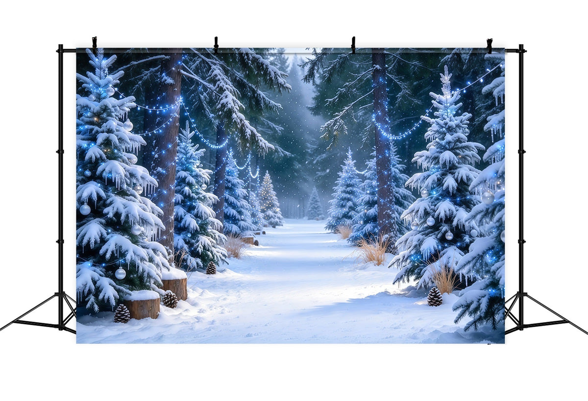 Christmas Tree Farm Backdrop Blue Glow Snowy Pine Forest Christmas Tree Backdrops UK GQ610-46