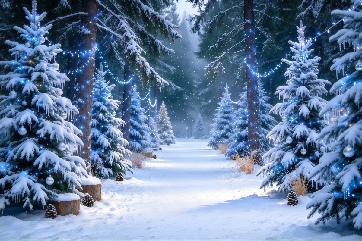 Christmas Tree Farm Backdrop Blue Glow Snowy Pine Forest Christmas Tree Backdrops UK GQ610-46