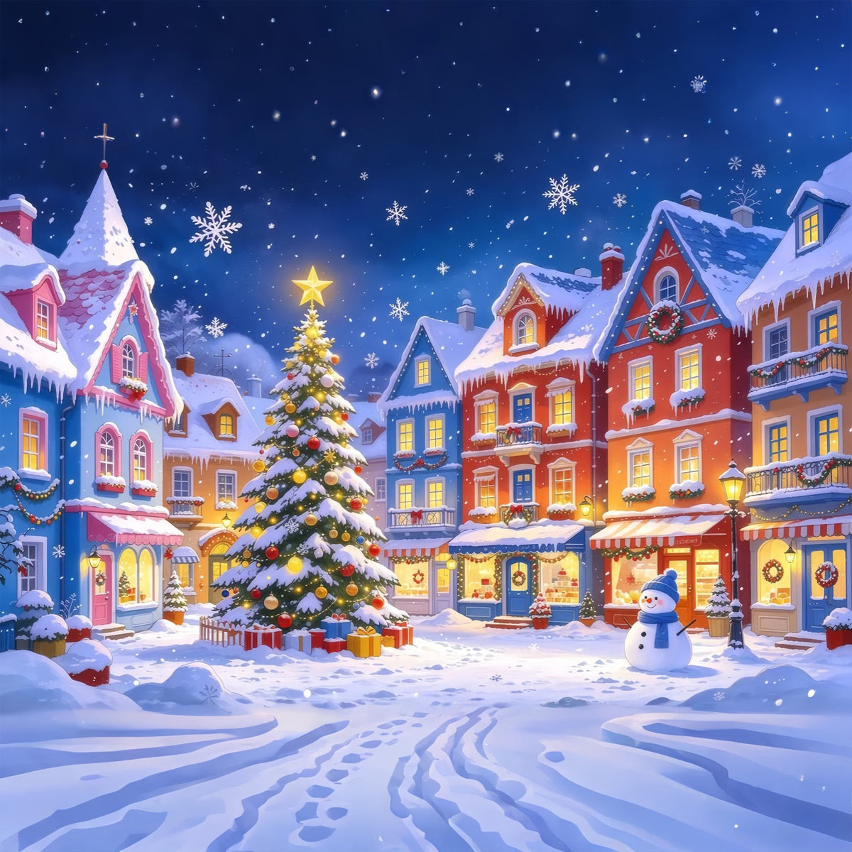 Christmas Town Backdrops Colorful Snowy Village Square Christmas Picture Backdrop UK GQ610-47