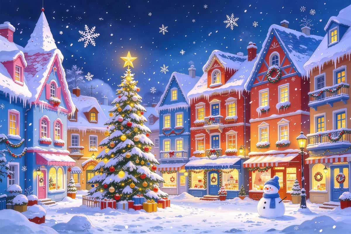 Christmas Town Backdrops Colorful Snowy Village Square Christmas Picture Backdrop UK GQ610-47