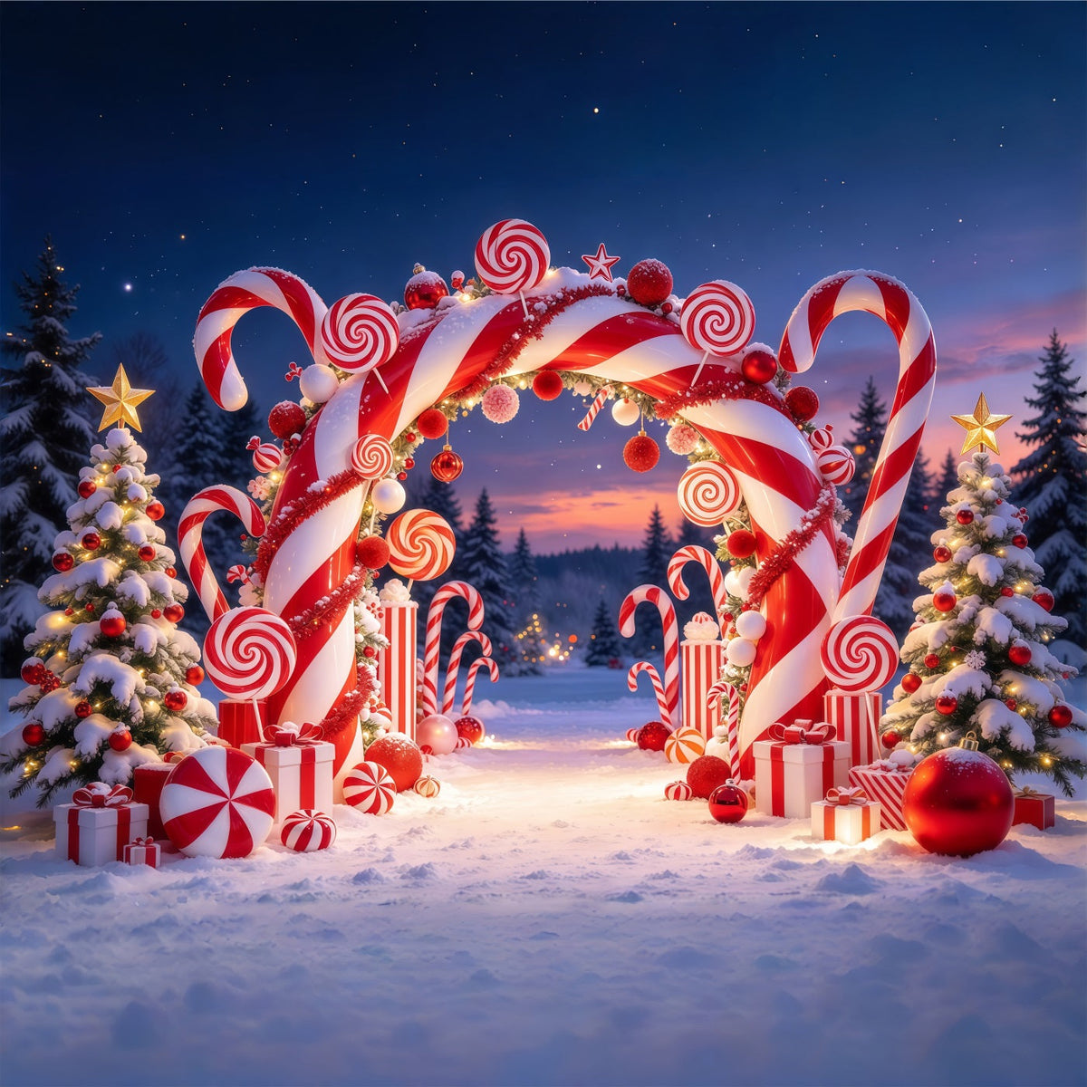 Christmas Candy Cane Backdrop Snowy Candyland Archway Christmas Party Backdrop UK GQ610-48