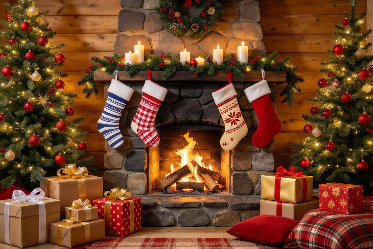 Christmas Fireplace Backdrop Rustic Fireplace Stocking Display Christmas Backdrop for Photography UK GQ610-54