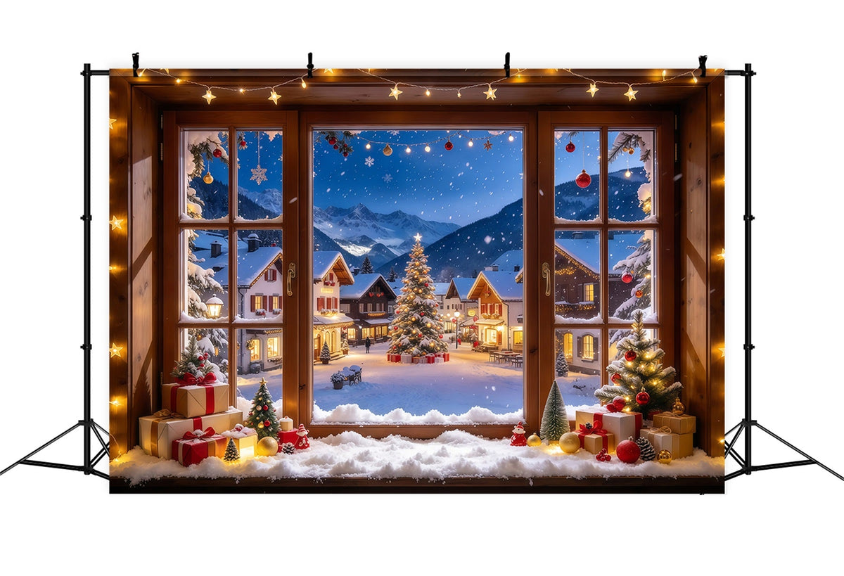 Winter Christmas Backdrop Snowy Alpine House Window Christmas Village Backdrops UK GQ610-57