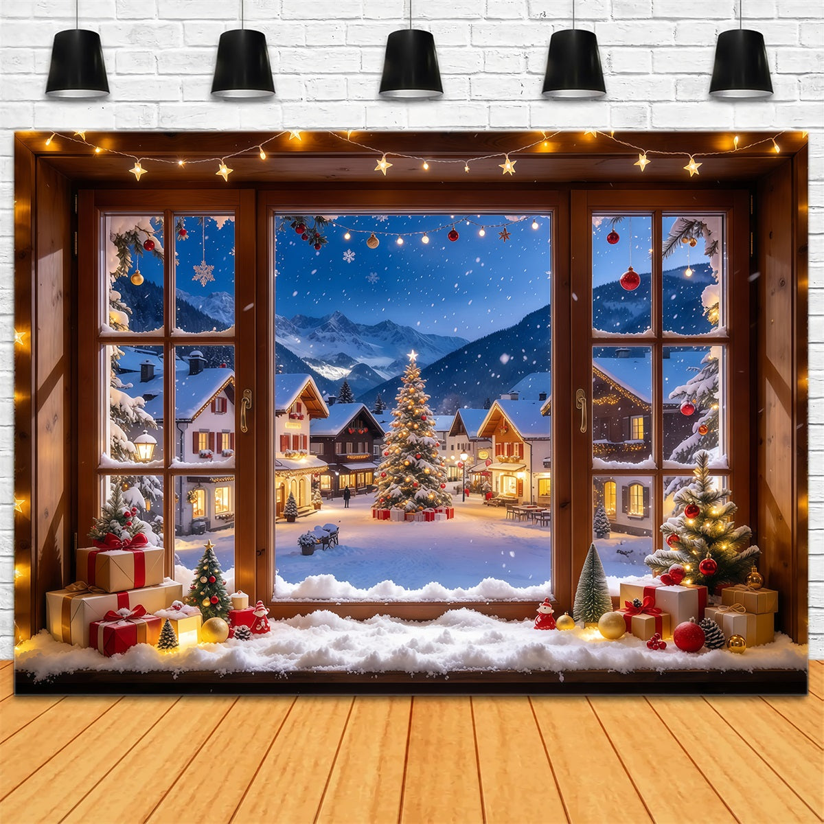 Winter Christmas Backdrop Snowy Alpine House Window Christmas Village Backdrops UK GQ610-57