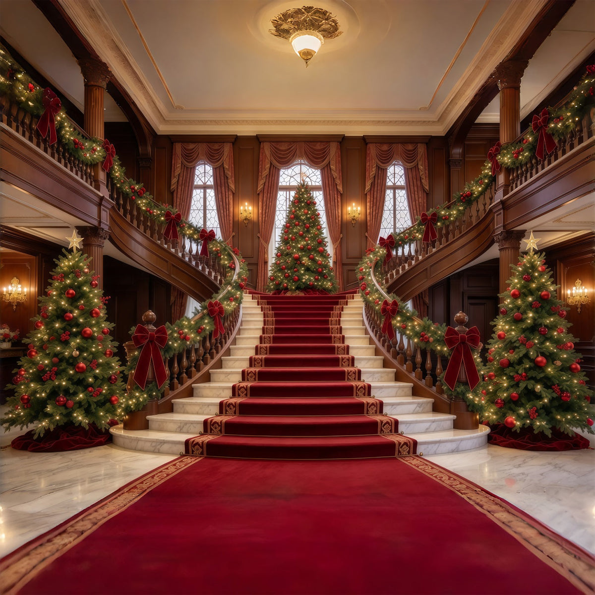 Living Room Christmas Backdrop Grand Christmas Staircase Tree Christmas Wall Backdrop UK GQ610-58