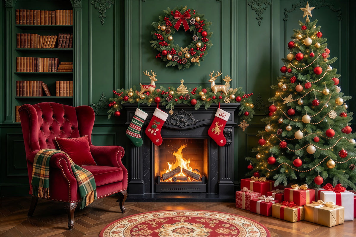 Christmas Fireplace Backdrops Emerald Fireplace Stocking Lounge Christmas Scene Backdrop UK GQ610-60