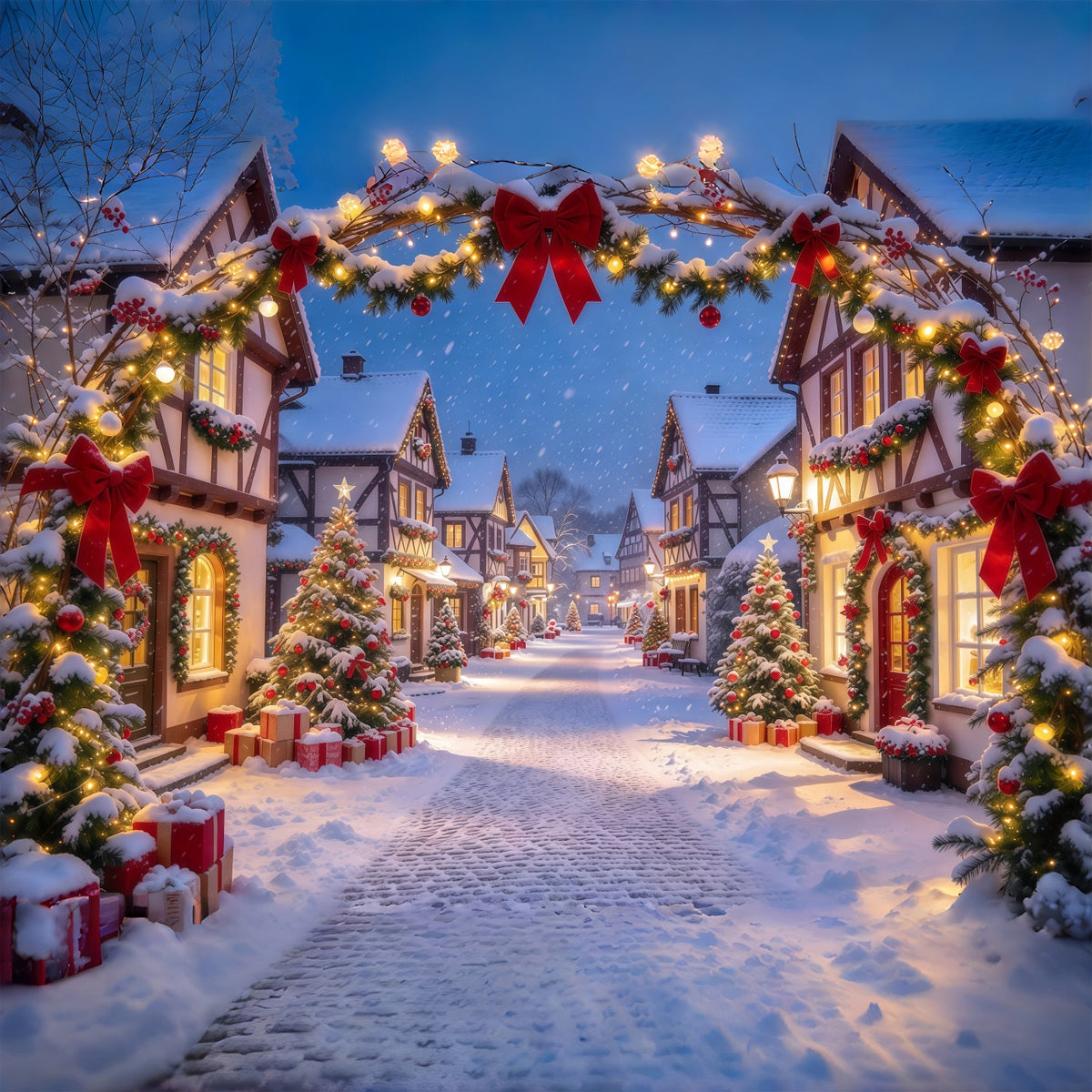 Christmas Village Backdrops Red Bow Snowy Arch Gateway Xmas Backdrops UK GQ610-64