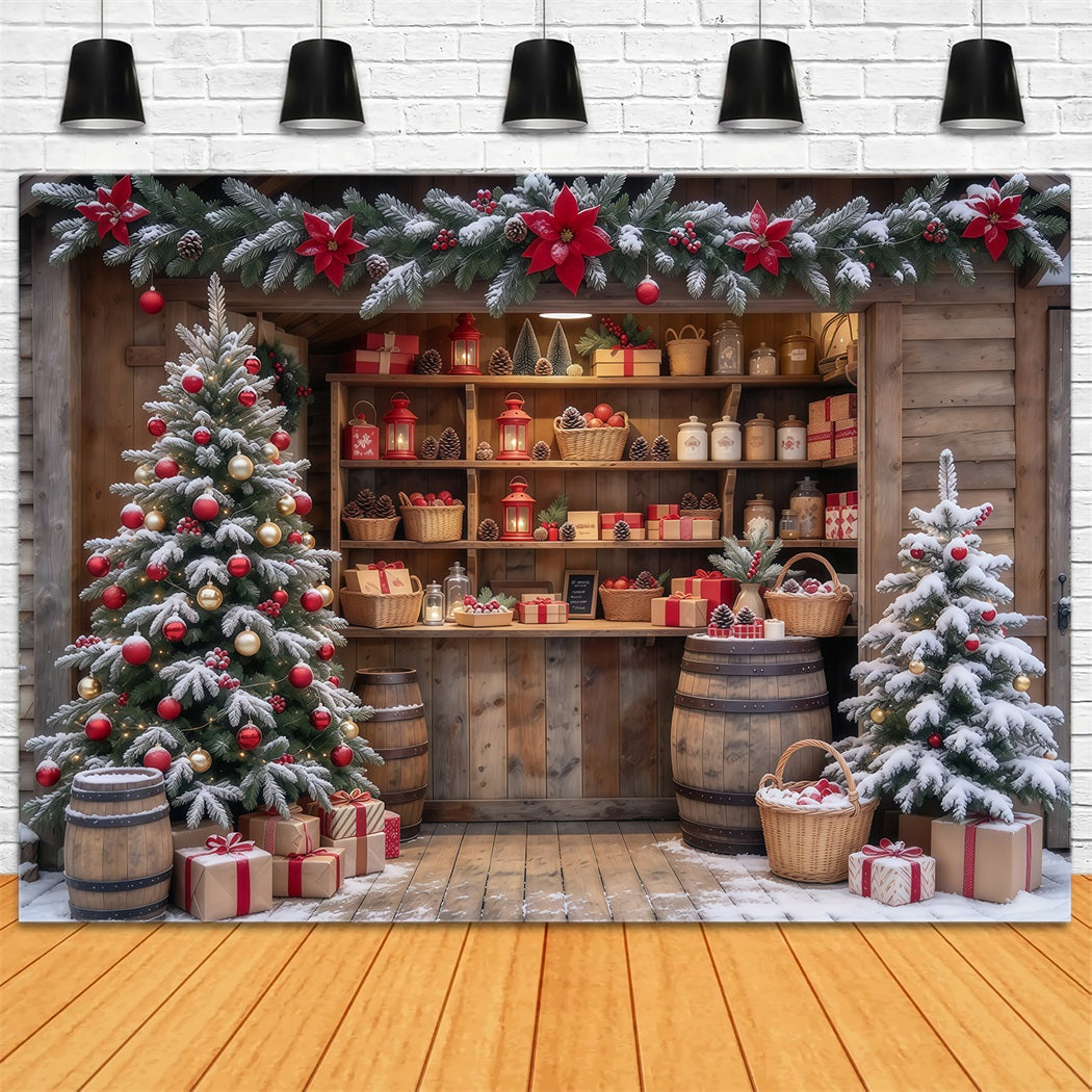Christmas Store Backdrop Snowy Rustic Gift Shop Christmas Backdrop for Pictures UK GQ610-65