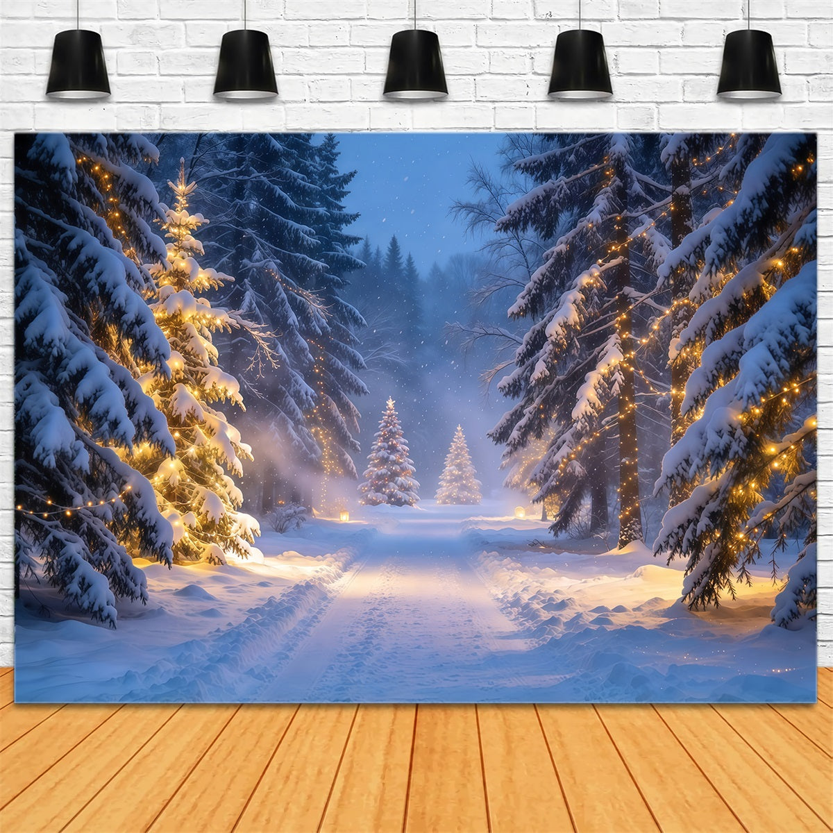 Christmas Tree Forest Backdrop Glowing Snowy Evergreen Trail Christmas Party Photo Backdrop UK GQ610-67