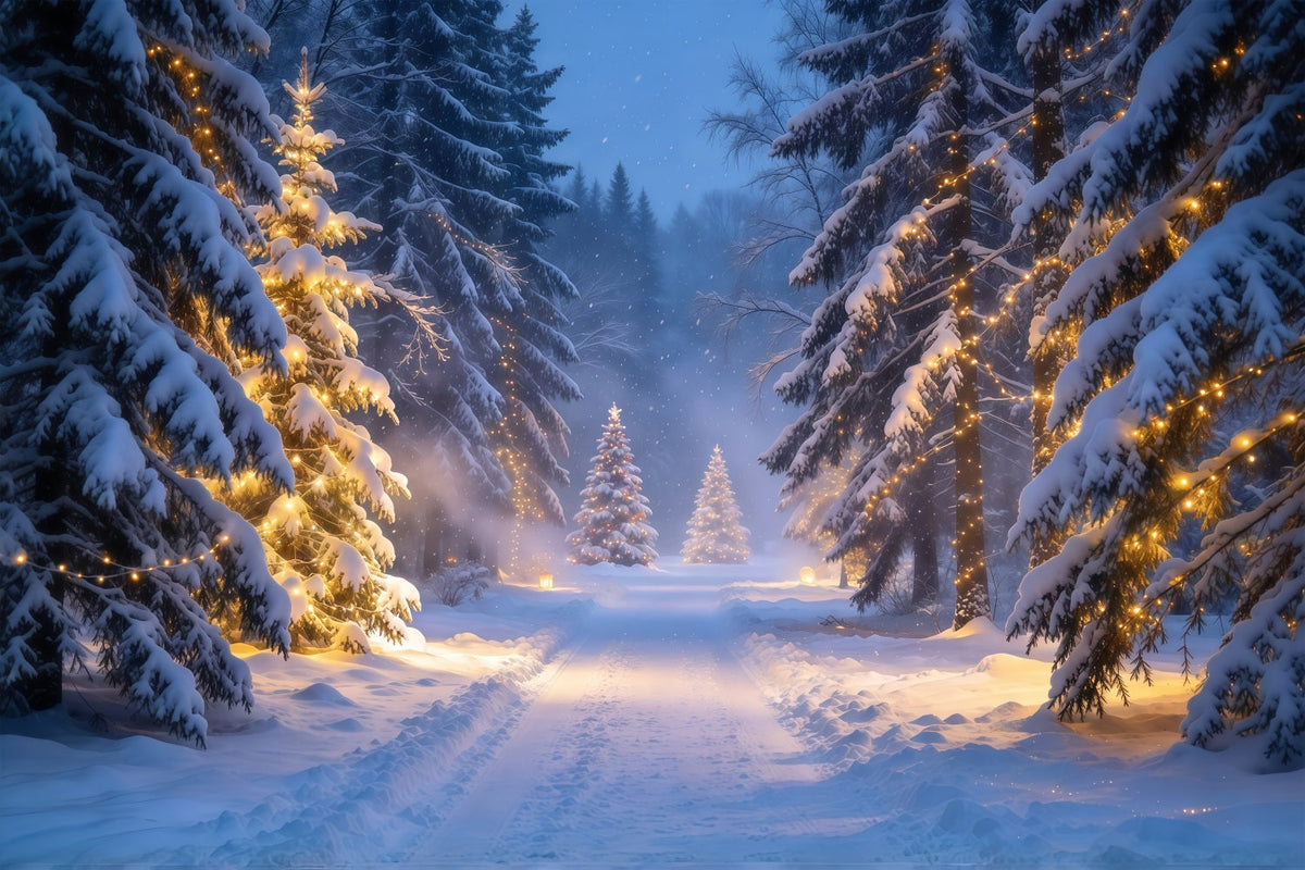 Christmas Tree Forest Backdrop Glowing Snowy Evergreen Trail Christmas Party Photo Backdrop UK GQ610-67
