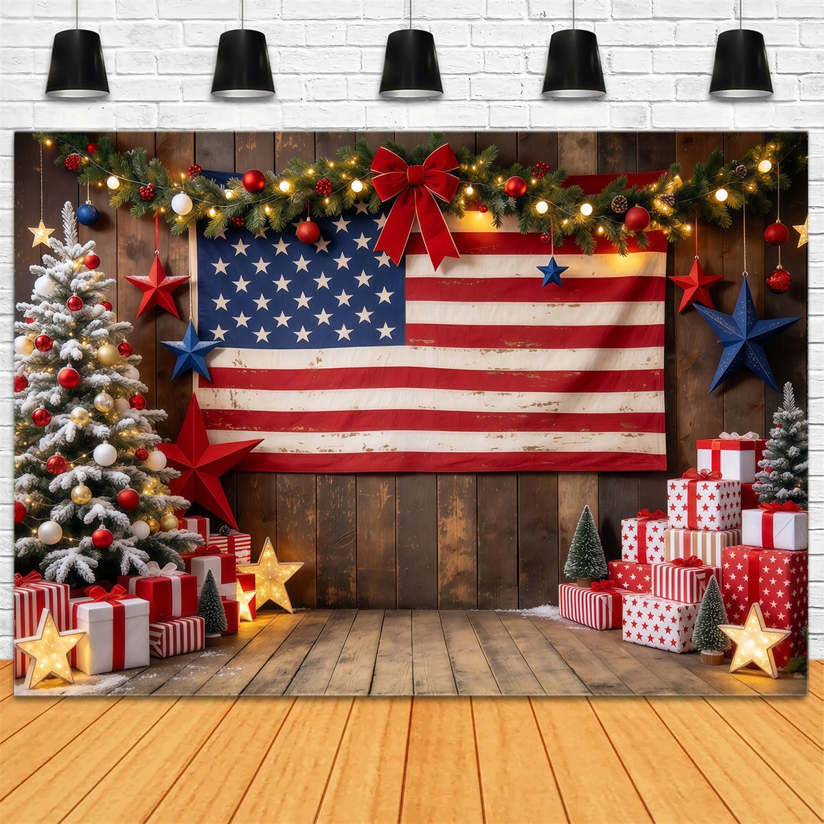 Country Christmas Backdrop Rustic Flag Gift Display Christmas Tree Photography Backdrop UK GQ610-68