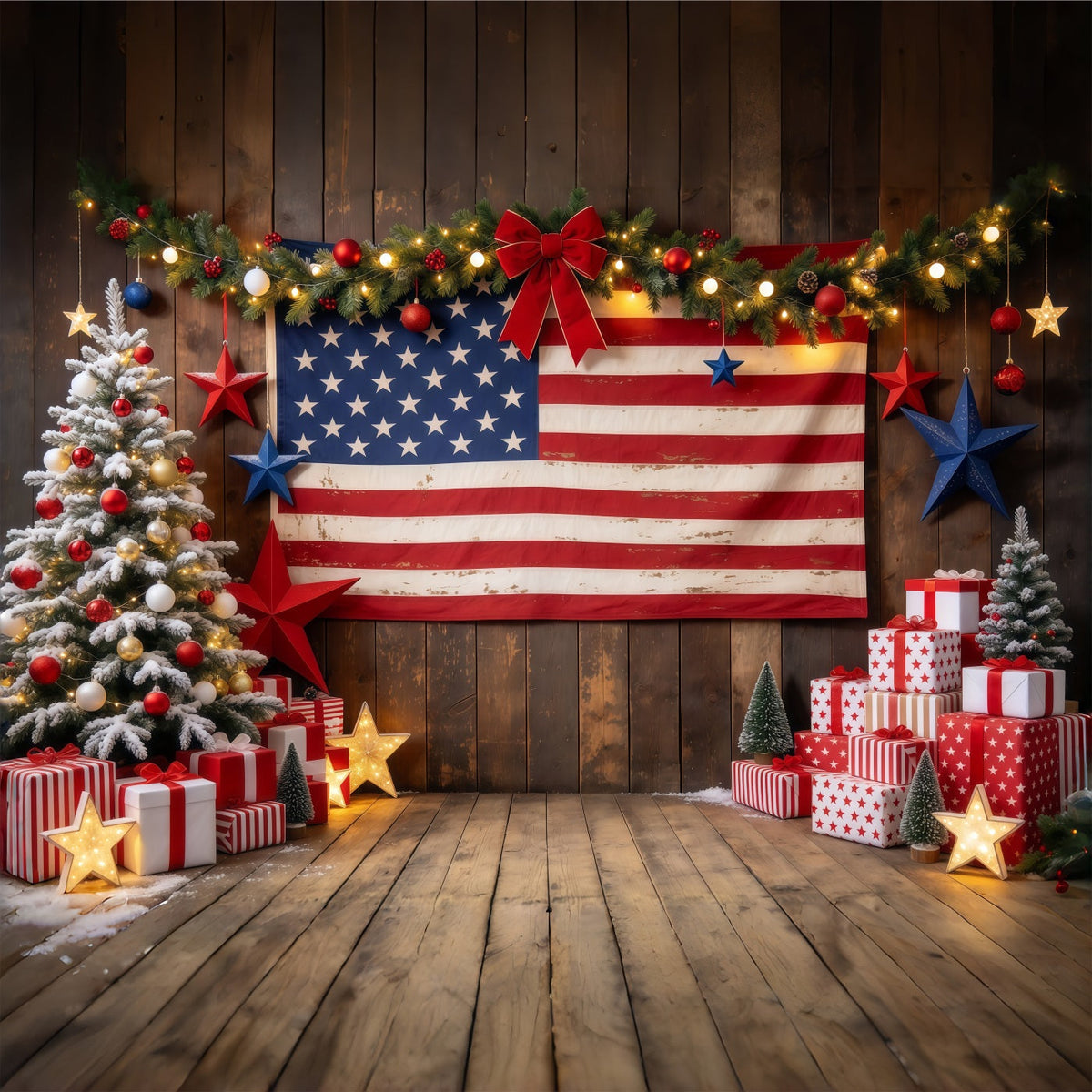 Country Christmas Backdrop Rustic Flag Gift Display Christmas Tree Photography Backdrop UK GQ610-68