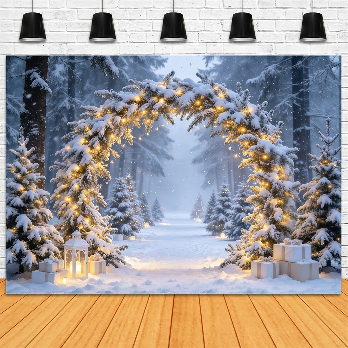 Christmas Backdrops for Photos Snowy Illuminated Evergreen Arch Winter Wonderland Christmas Backdrop UK GQ610-69