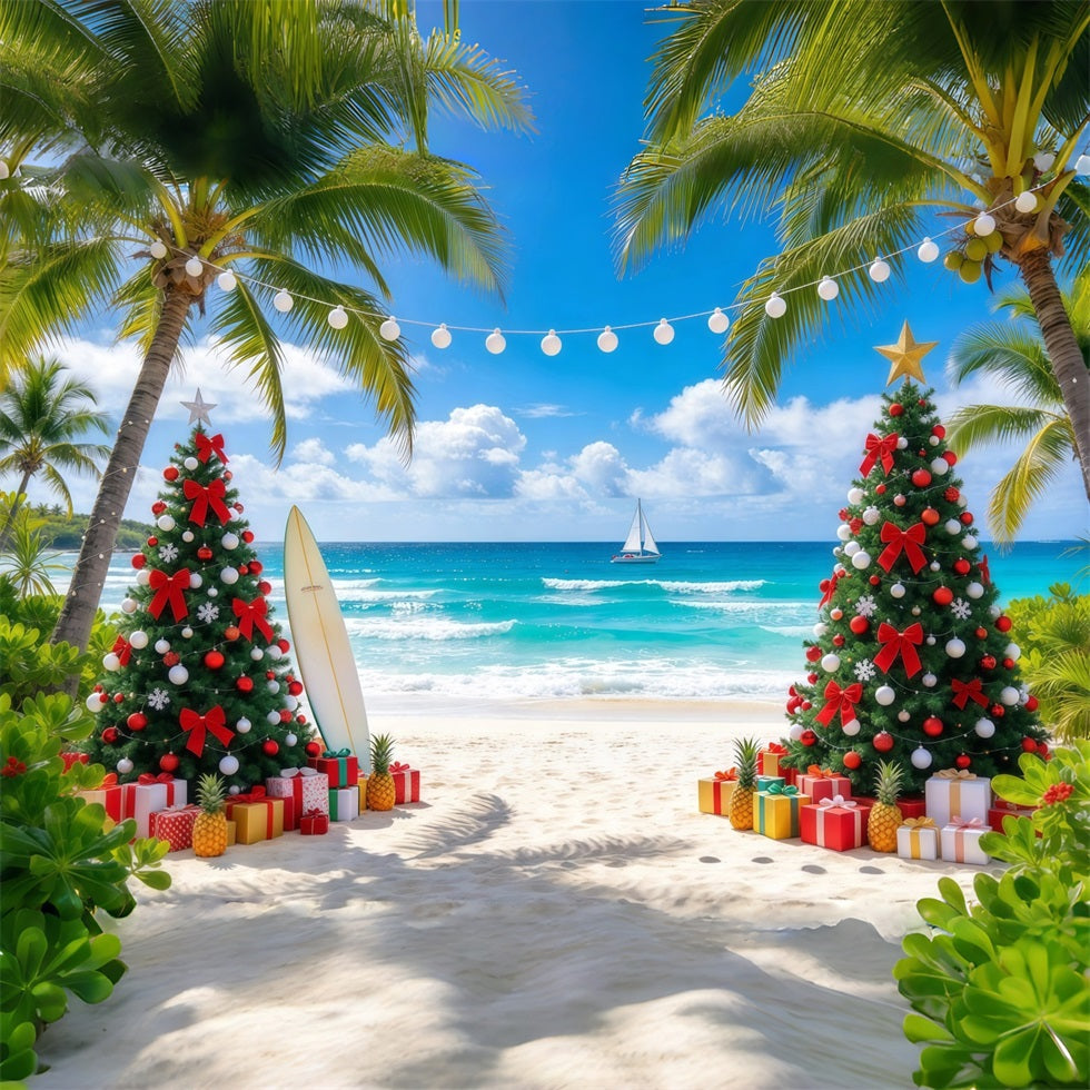 Tropical Christmas Backdrop Palm Sea Beach Surfboard Christmas Backdrops for Photos UK GQ610-7