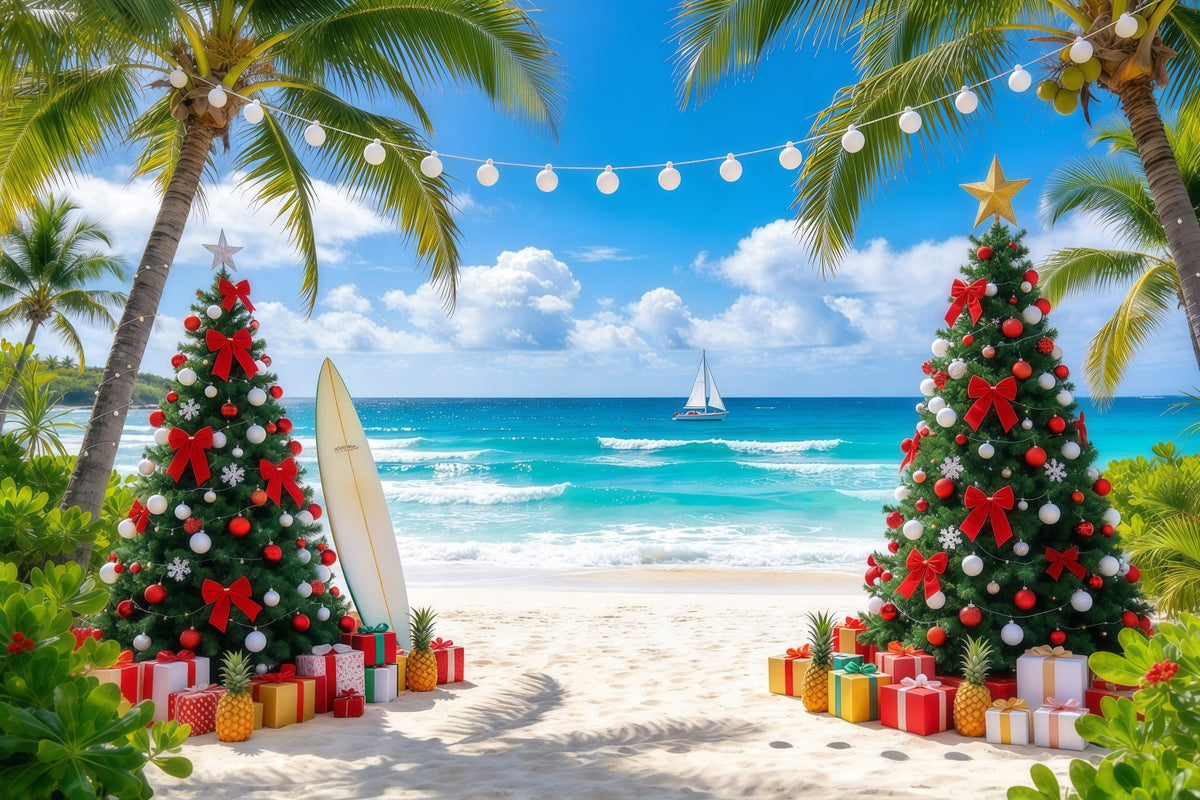 Tropical Christmas Backdrop Palm Sea Beach Surfboard Christmas Backdrops for Photos UK GQ610-7
