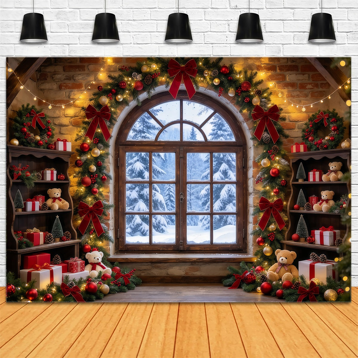 Christmas Window Backdrops Rustic Toy Room Interior Christmas Holiday Backdrop UK GQ610-74