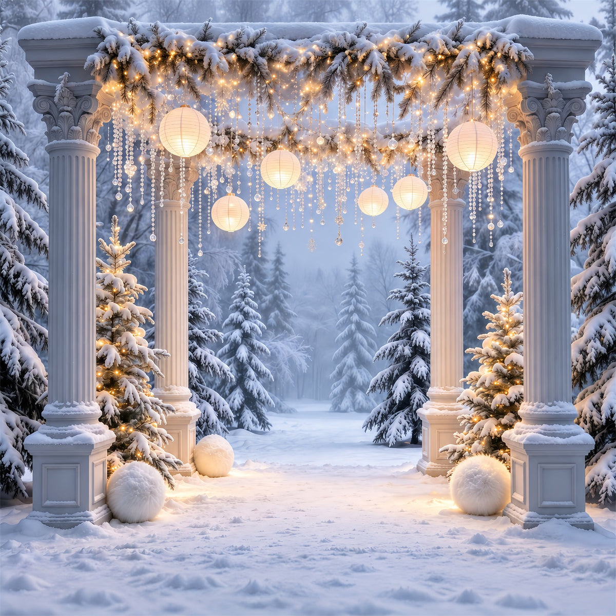 Christmas Forest Backdrop Snowy Column Lantern Archway Christmas Portrait Backdrop UK GQ610-77
