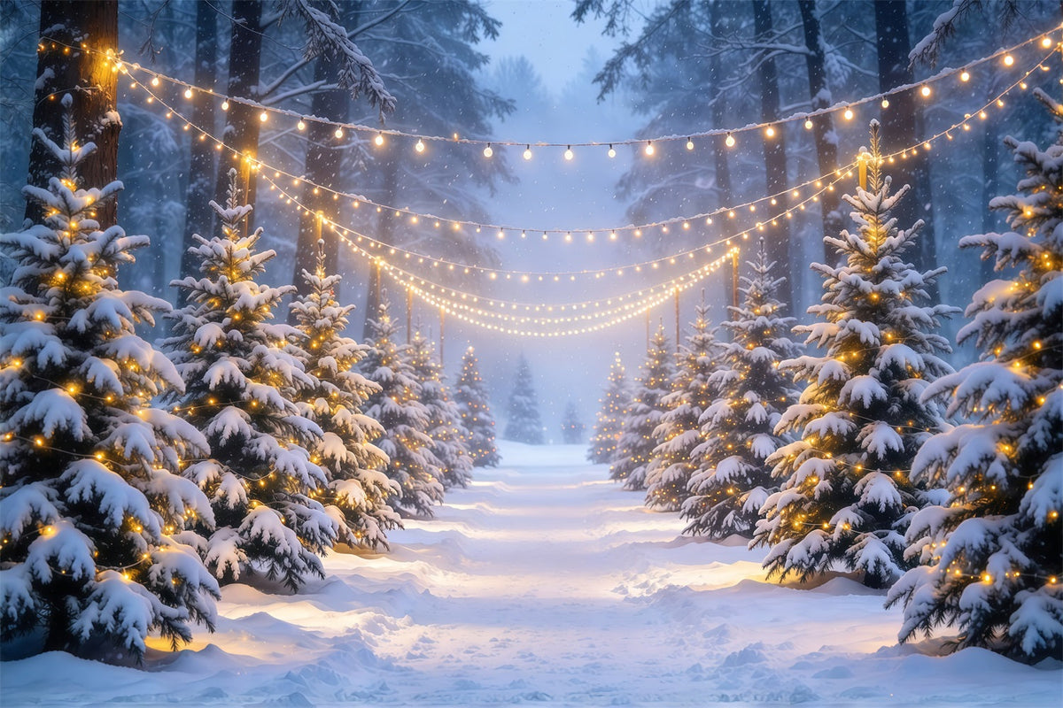 Christmas Tree Forest Backdrop Snowy Forest Glowing Lights Christmas Picture Backdrops UK GQ610-80