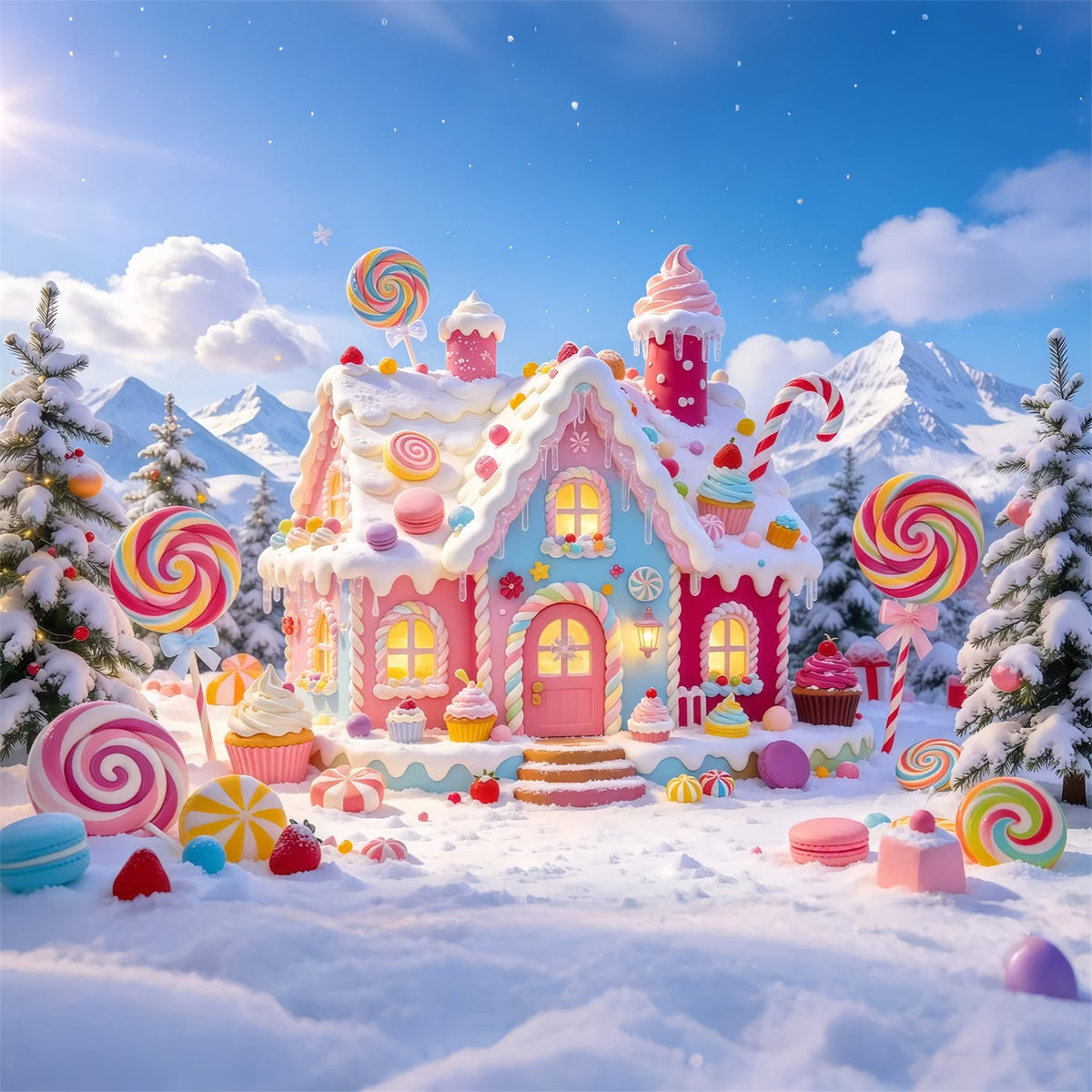 Gingerbread House Backdrop Snowy Pastel Candy Cottage Christmas Wall Backdrops UK GQ610-82