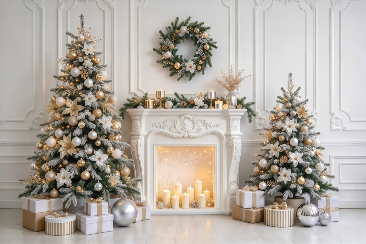 Christmas Photo Backdrop Elegant White Gold Fireplace Christmas Backdrop for Photoshoot UK GQ610-84