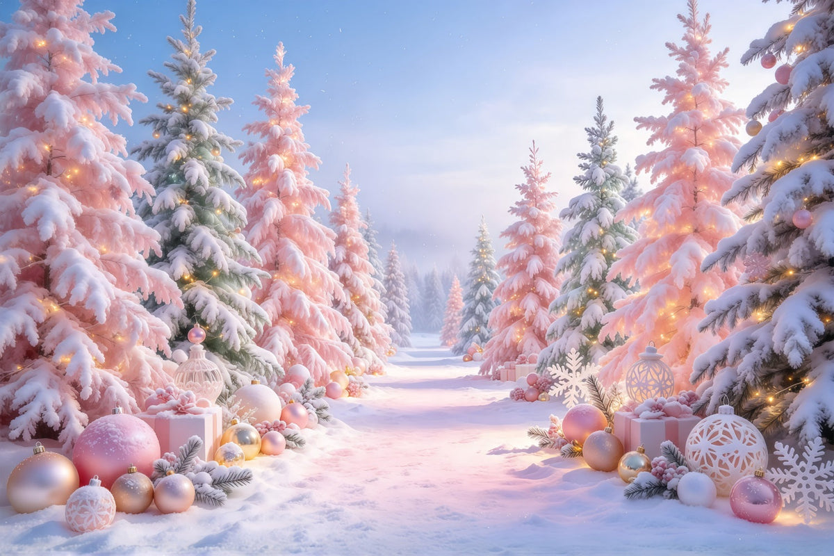 Christmas Tree Backdrops Blush Pink Ornament Forest Christmas Stage Backdrop UK GQ610-85