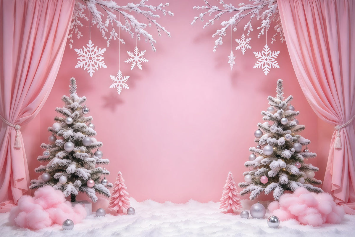 Winter Christmas Backdrop Pink Curtain Snowflake Wonderland Christmas Theme Backdrops UK GQ610-96