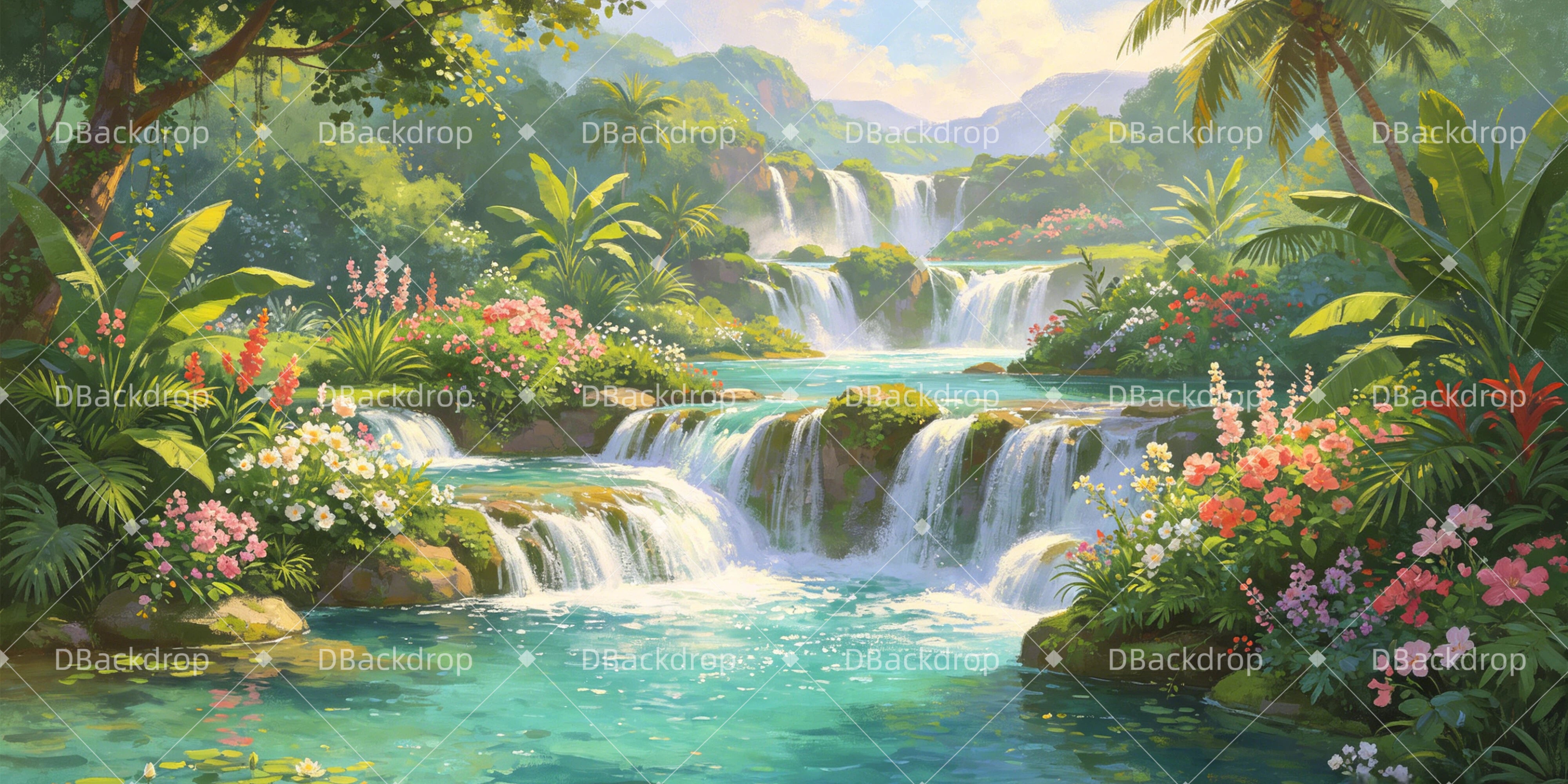 Garden of Eden Backdrop Tropical Waterfall Paradise VBS Backdrops UK GQ64-T20