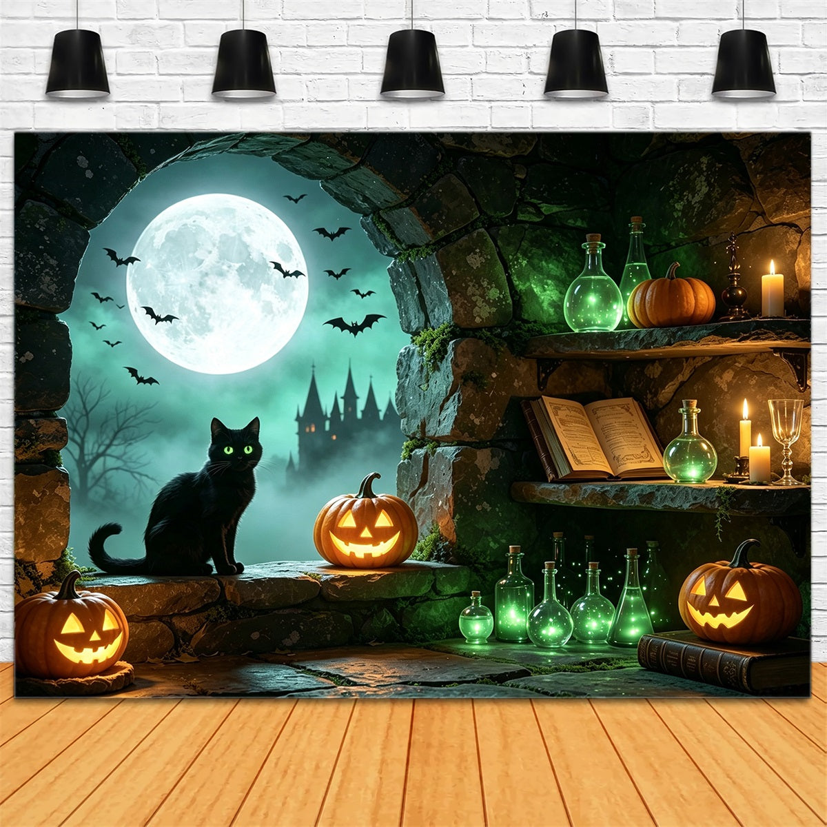 Witches Lair Backdrop Moonlit Cat Potion Alcove Lumberjack Photo Backdrop UK GQ67-101